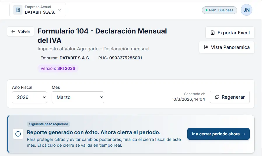 Vista real de Kontable mostrando el Formulario 104